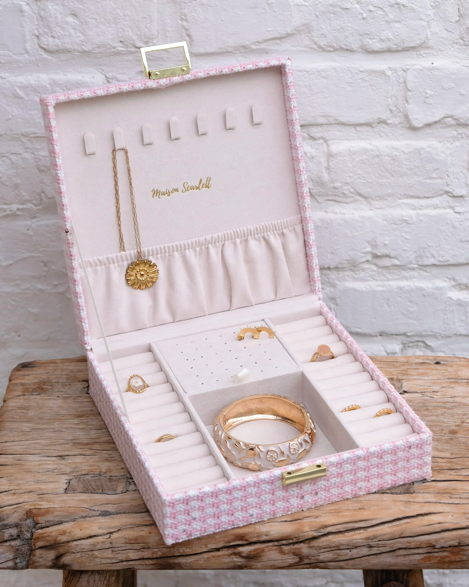 Boîte à bijoux Anne en pied-de-poule rose. – Image 2