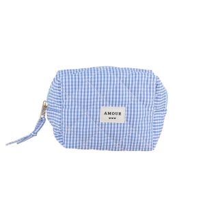Trousse (petite) AMOUR et 3 coeurs – Vichy bleu.